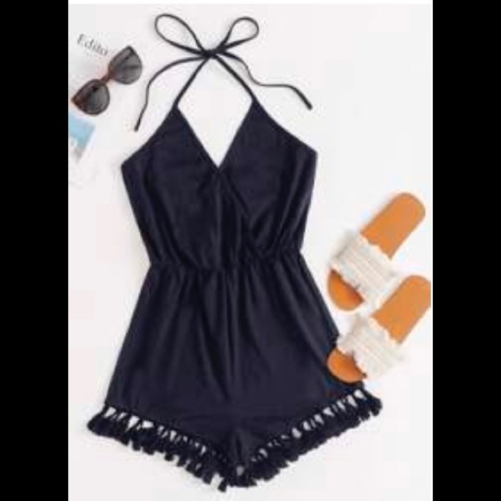 Navy Blue romper // cover up - medium . Fringe hem